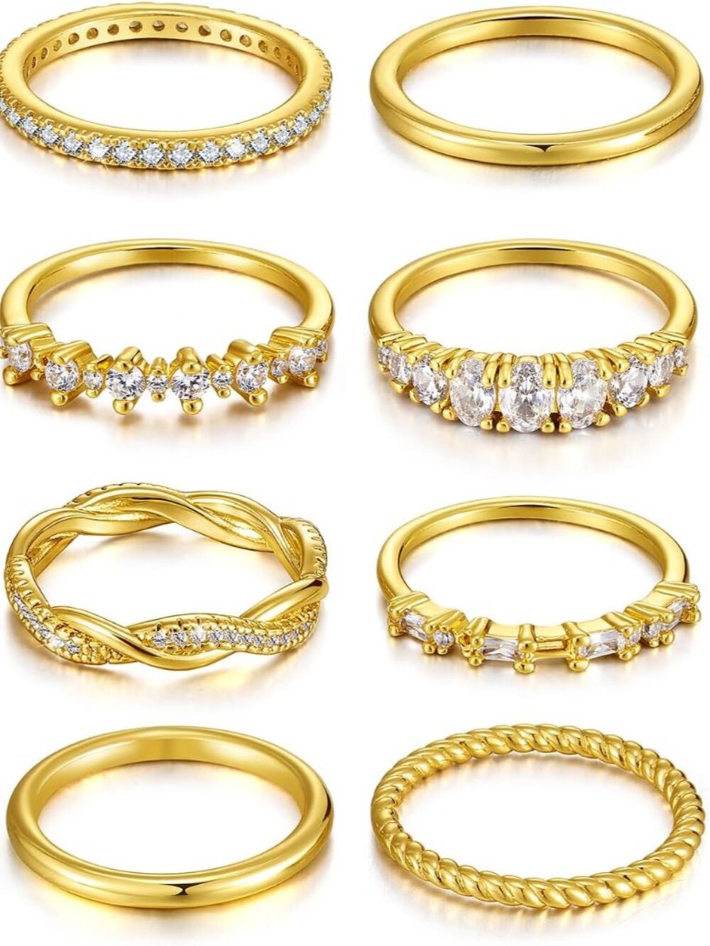 8 Pcs 14K Gold Plated Stackable Rings Set for Women, Dainty Sparkling Cubic Zirc